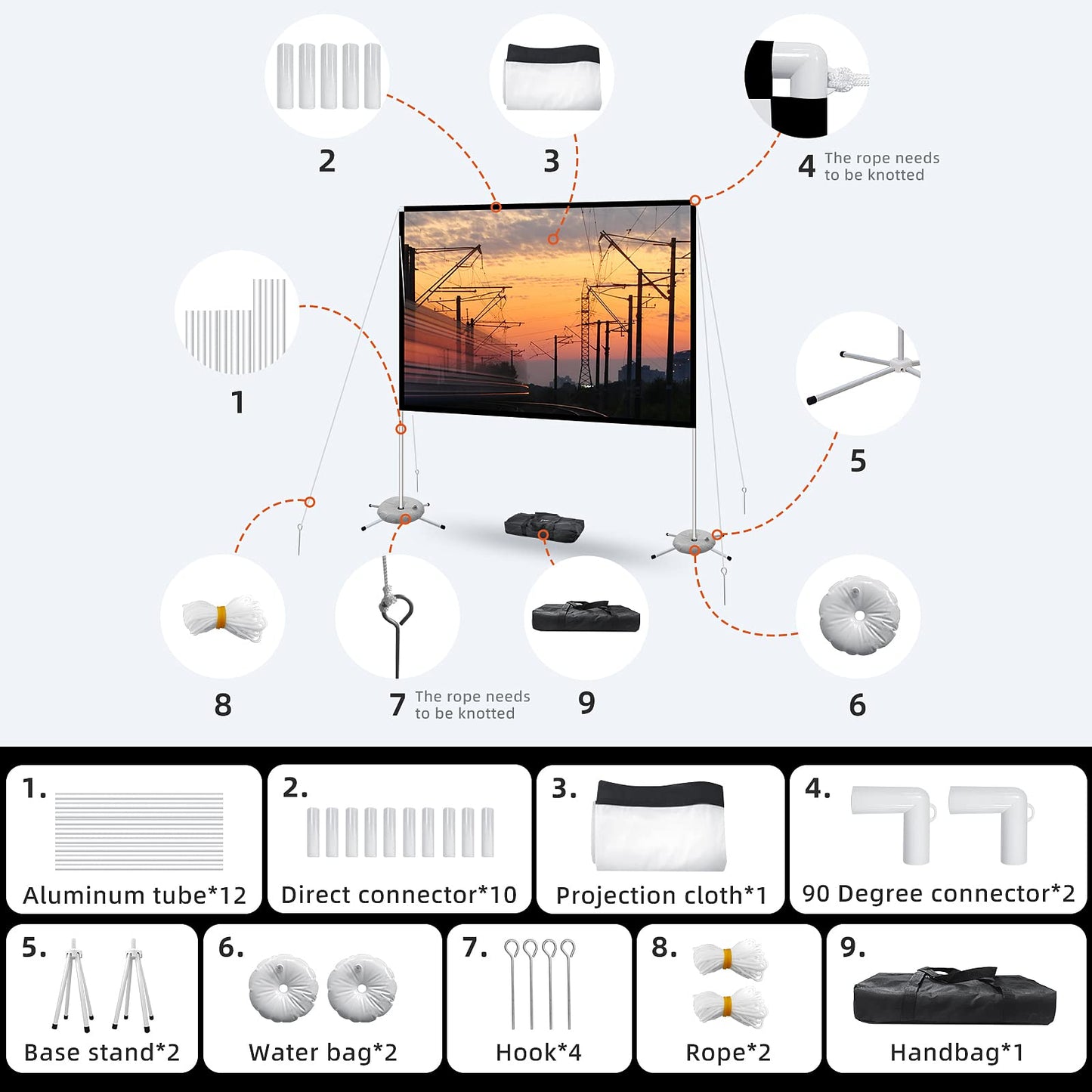 Portable Projector Screen with Stand Outdoor: Camping Projection Screen 80 inch 4K Movie Screen for Home Backyard Indoor 16:9 HD Night
