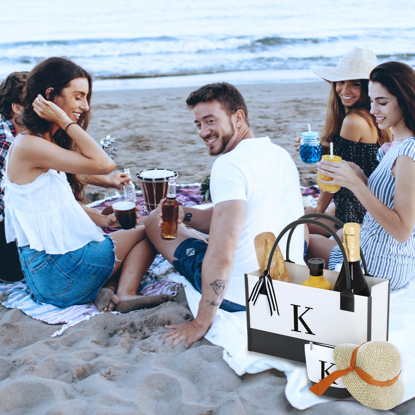 OATALY Monogrammed Canvas Tote Bag with Zipper Pockets - Ideal Gift for Mom, Teacher, Sister