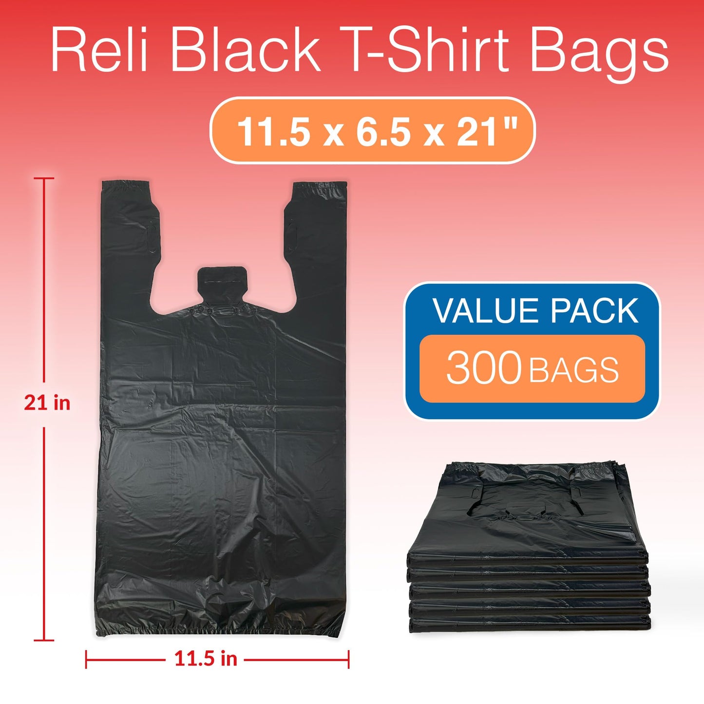 Reli. T-shirt Bags (300 Count) (Black) (11.5" x 6.5" x 21") - Black Plastic Bags (Plain) - Grocery, Shopping, Restaurants