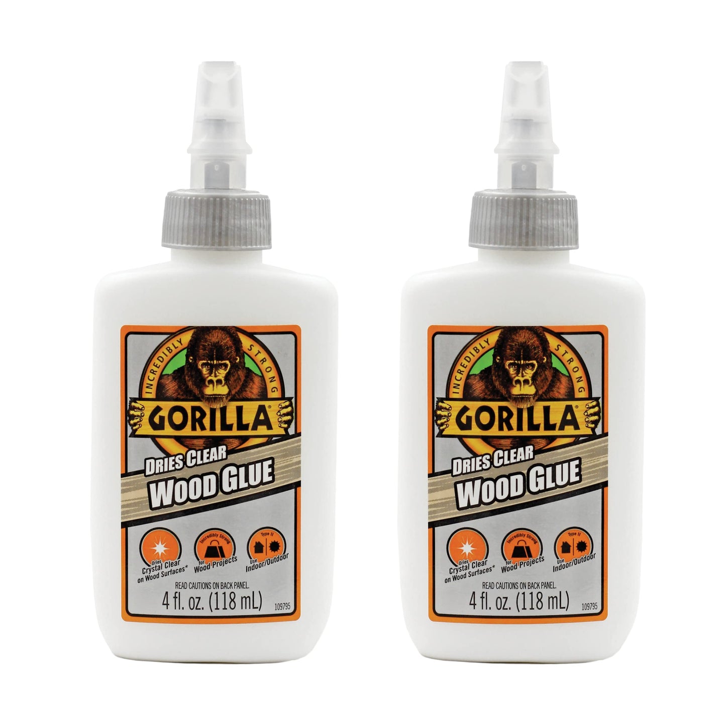 Gorilla Dries Clear Wood Glue, 4 Ounce Bottle (Pack of 2) - Water Resistant for Indoor or Outdoor Projects and Repairs