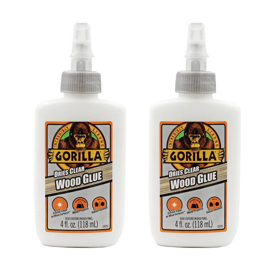 Gorilla Dries Clear Wood Glue, 4 Ounce Bottle (Pack of 2) - Water Resistant for Indoor or Outdoor Projects and Repairs