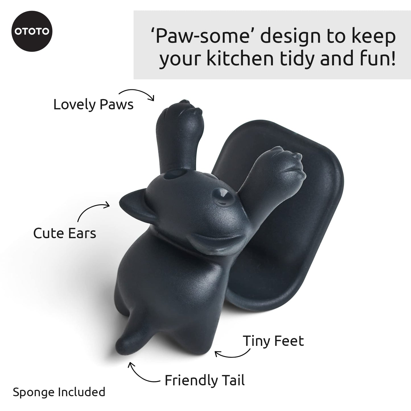 OTOTO Scrubby Cute Cat Sponge Holder for Kitchen Sink - Dishwasher Safe Dish Sponge Organizer- Compact, Cute Kitchen Accessories, Dish Sponge, White Elephant Gifts