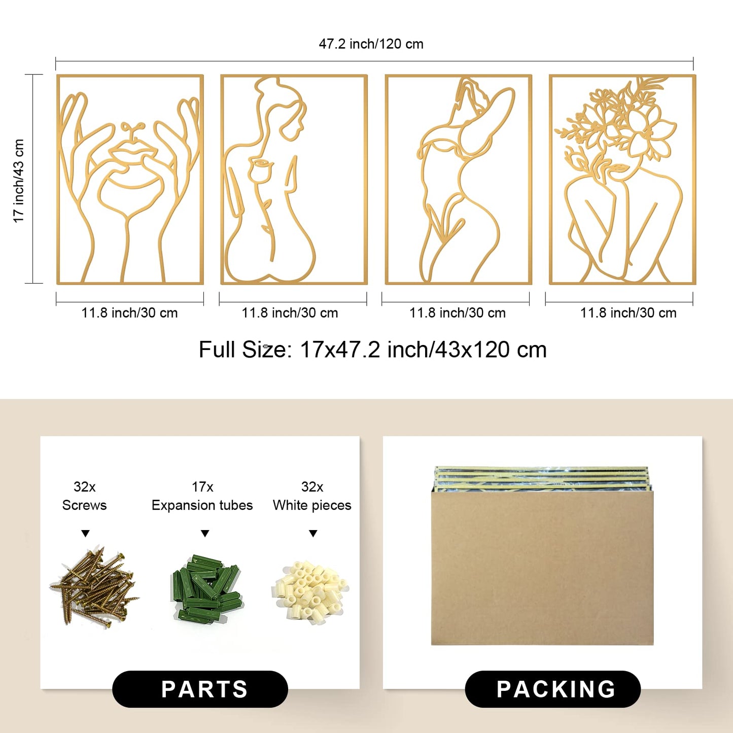 Glamativity 4 Pack Gold Wall Art Décor, Minimalist Single Line Real Metal Wall Art, Woman's Body Shape Abstract Wall Art (Gold Classic Style, 17 x 11.8'')