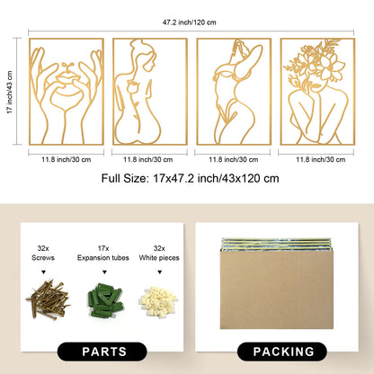 Glamativity 4 Pack Gold Wall Art Décor, Minimalist Single Line Real Metal Wall Art, Woman's Body Shape Abstract Wall Art (Gold Classic Style, 17 x 11.8'')