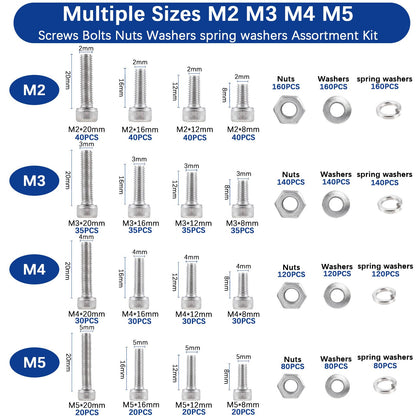 JROUTH 2000PCS M2 M3 M4 M5 Hex Socket Head Cap Screws，Bolts Nuts Washers Spring Washers Assortment Kit, 304 Stainless Steel Hex Socket Cap Metric Screws with Wrenches and Tweezers