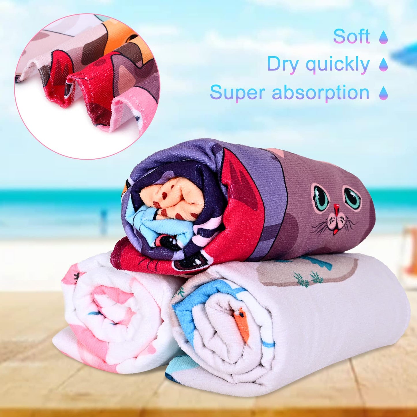 LIVILAN Large Kitten Cat Beach Towel, 30" X 60" Soft Microfiber, Absorbent, Quick Dry, Sand Free, Light, Multiuse for Bath, Pool, Swim, Cute Cat Gifts