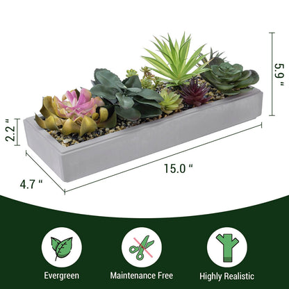 MyGift 15 Inch Mixed Color Assorted Artificial Succulent Plant Arrangement in Modern Gray Clay Planter Tray