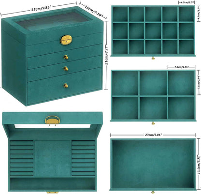 QBestry Large Jewelry Box for Women with Lock,4 Layer Glass Lid Jewelry Organizer with Drawers,Green Velvet Jewelry Storage Organizer Box for Bracelet Ring and Earring Jewelry Box with Sunglass Holder