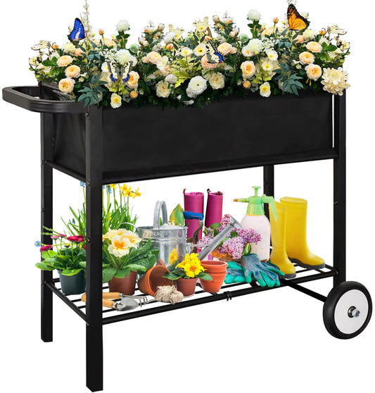 Koutemie Outdoor Raised Planter Bed Box with Legs for Gardening, Elevated DIY Garden Cart on Wheels for Vegetables Flower Tomato Herb Plant, Black