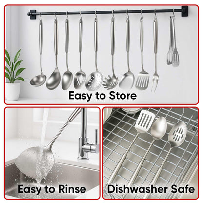 Newness 10 Pcs Cooking Utensils Set, 304 Stainless Steel Kitchen Utensils Set, Metal Kitchen Accessories, Include Soup Ladle, Slotted Skimmer Spoon, Spaghetti Spoon and Spatula, Tongs,Dishwasher Safe