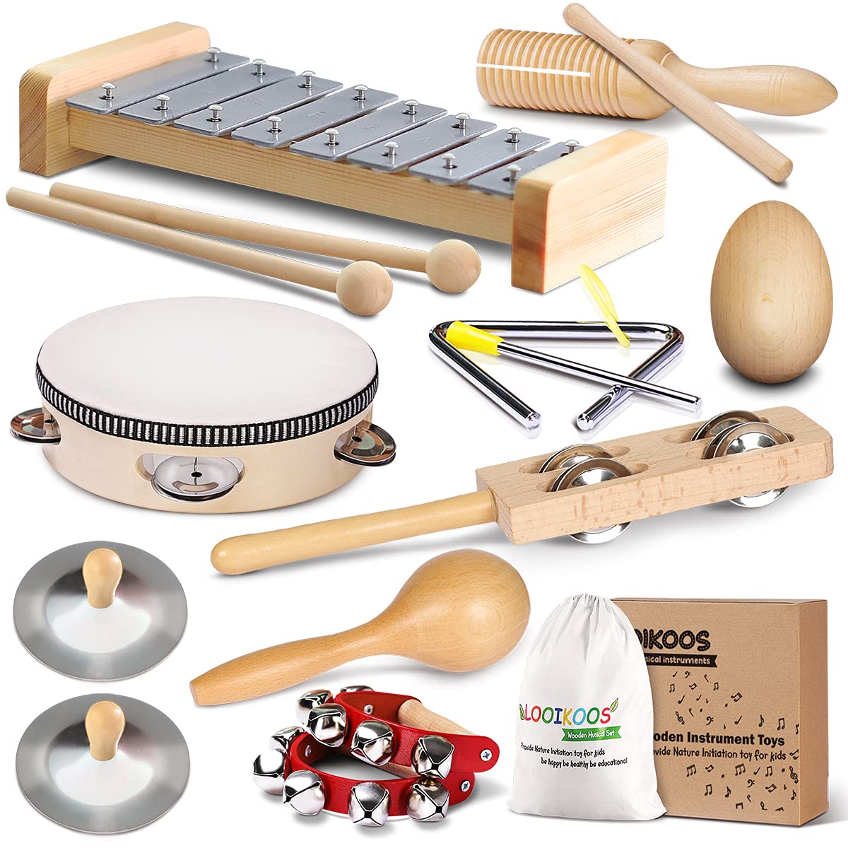 LOOIKOOS Toddler Musical Instruments International Natural Wooden Music Set for Toddlers and Kids - Eco Friendly Preschool Educational Musical Toys with Storage Bag