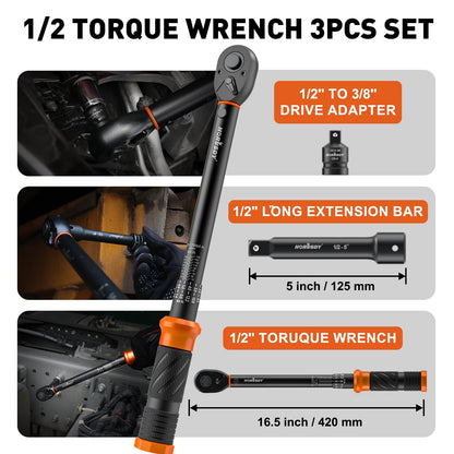 HORUSDY 1/2-Inch Drive Click Torque Wrench Set – 10–170 ft-lb / 13.6–230.5 Nm, ±3% Precision, Dual Scale, 72-Tooth Reversible Head with 5" Extension & Adapter for Car, Tire, and Motorcycle Use