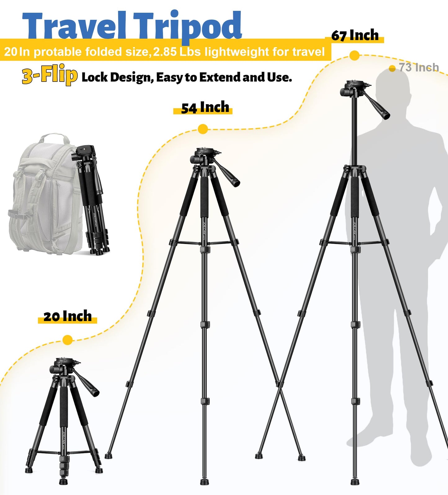 JOILCAN Tripod for Camera, 67" Heavy Duty Camera Tripod, Phone Tripods for Video Recording Photo Vlog, Aluminum Tripods with Holder & Travel Bag for Cameras DSLR iPhone Projector Laser