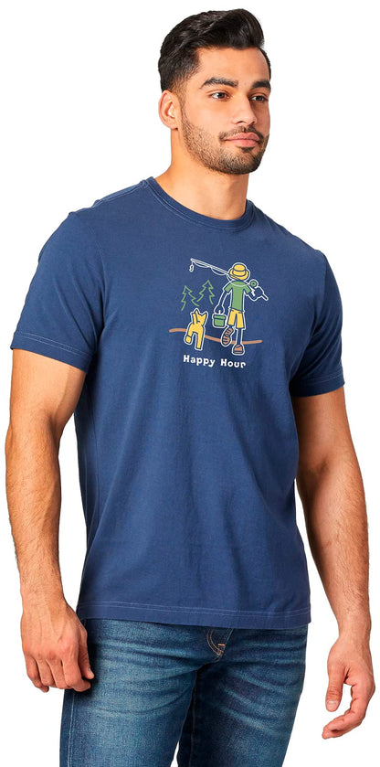 Life is Good Men's Standard Crusher T, Short Sleeve Cotton Crew Neck Graphic Tee Shirt, Happy Hour Fish, Darkest Blue, Small