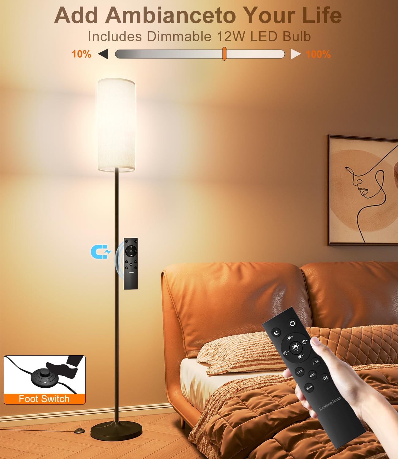 luckystyle LED Floor Lamp for Living Room, Dimmable Standing Lamps with Foot Switch,Remote Custom Color Temperature Black Pole Lamp with Lampshade,12W Led Bulb Tall Lamps for Bedroom Office Kid Room
