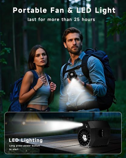 JKBOOM 2025 Smart Portable Rechargeable Fan with LED Light & 25H Runtime, 4-Speed 9200RPM Turbo Cooling Personal Waist Fan, Wearable Neck & Belt Clip for Camping, Outdoor, Hiking - Black