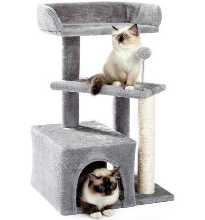 Made4Pets Cat Tree, Carpet Cat Tower Grey for Indoors Cats, Cute Wood Kitty Condo with Scratching Post and Pad, 29" Multi-Level Modern Activity Climbing Furniture for Small and Medium Cats