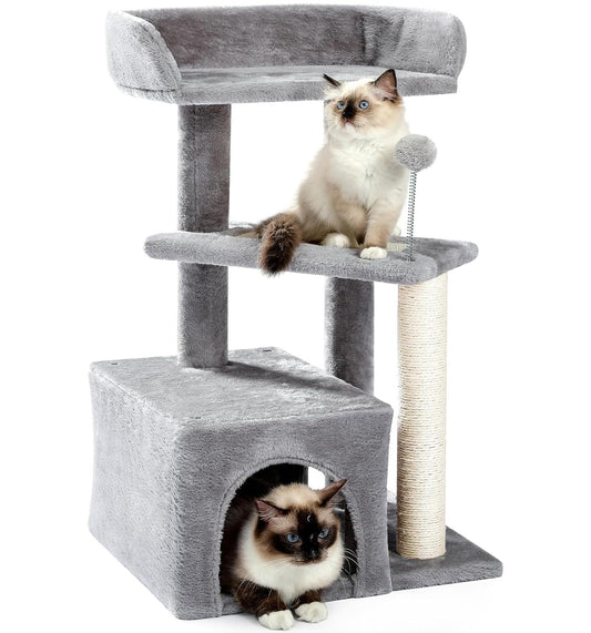 Made4Pets Cat Tree, Carpet Cat Tower Grey for Indoors Cats, Cute Wood Kitty Condo with Scratching Post and Pad, 29" Multi-Level Modern Activity Climbing Furniture for Small and Medium Cats