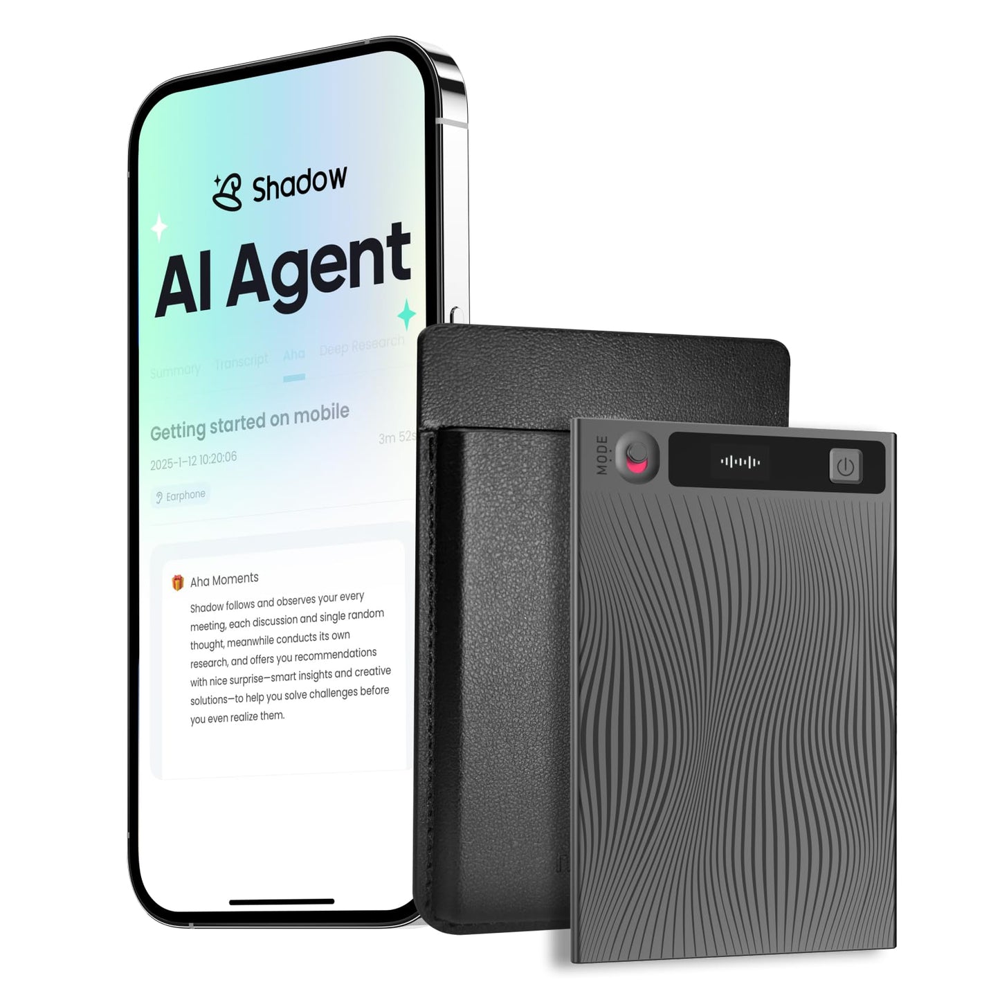 Mobvoi TicNote AI Voice Recorder 64GB Memory Note Recorder w/Case App Control 100+Languages Transcribe Summarize with AI Shadow Digital Audio Recorder for Phone Calls Lectures Meetings Interviews