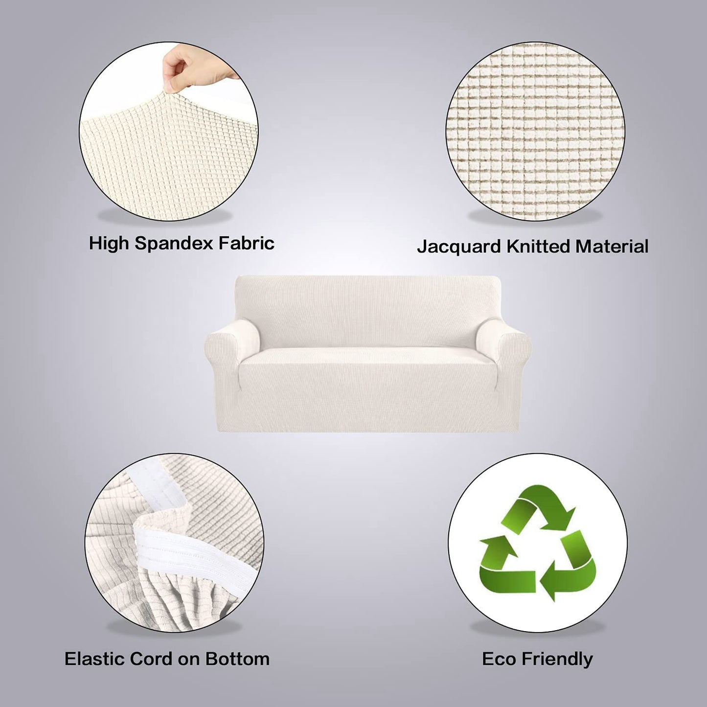 H.VERSAILTEX Stretch Sofa Covers for 3 Cushion Couch Covers Sofa Slipcovers for Living Room Feature Thick Checked Jacquard Fabric with Elastic Bottom, Sofa Large - Ivory