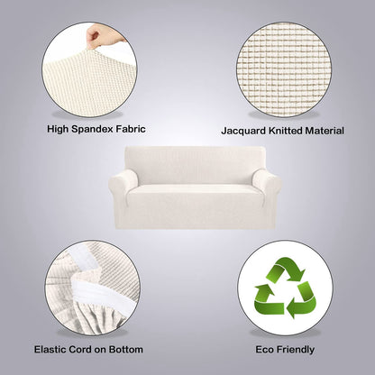 H.VERSAILTEX Stretch Sofa Covers for 3 Cushion Couch Covers Sofa Slipcovers for Living Room Feature Thick Checked Jacquard Fabric with Elastic Bottom, Sofa Large - Ivory