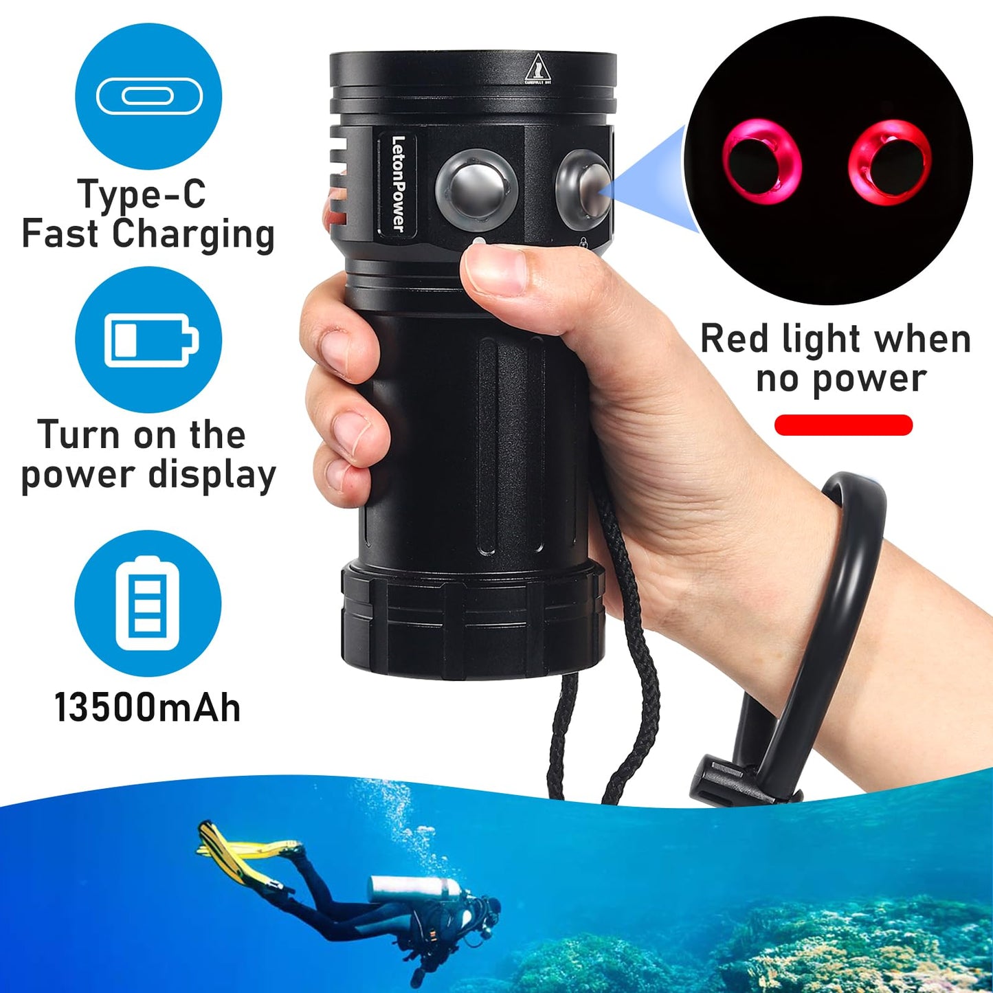 LetonPower Diving Flashlight, L12 8000Lumens Dive Light,100m Underwater Video Light, Scuba Dive Lights, Underwater Flashlight with Type-C Charging for Professional Under Water Sports