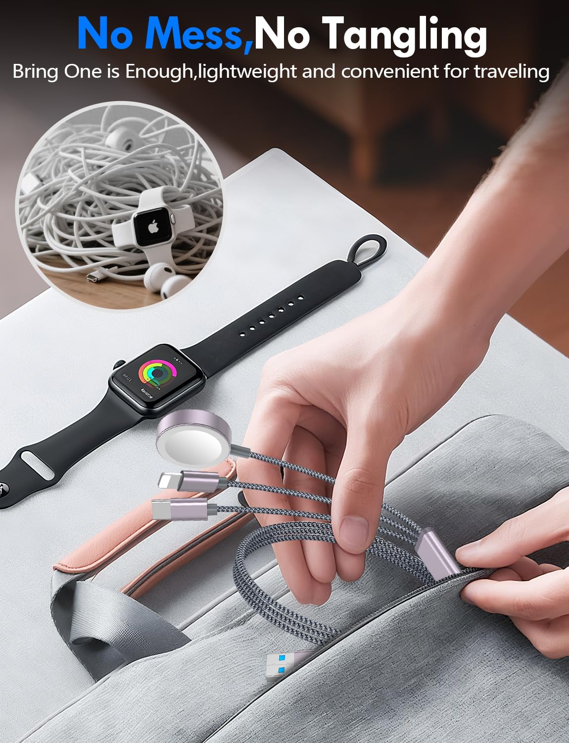 2Pack Multi Fast Charging Cable for Travel Vacation Essentials,Apple Watch Charger,iPhone Charger [3-in-2] USB A/Type C/Lightning Cable for iWatch,iPhone 16-11,Nintendo Switch,Airpods,Car,Camping-4FT