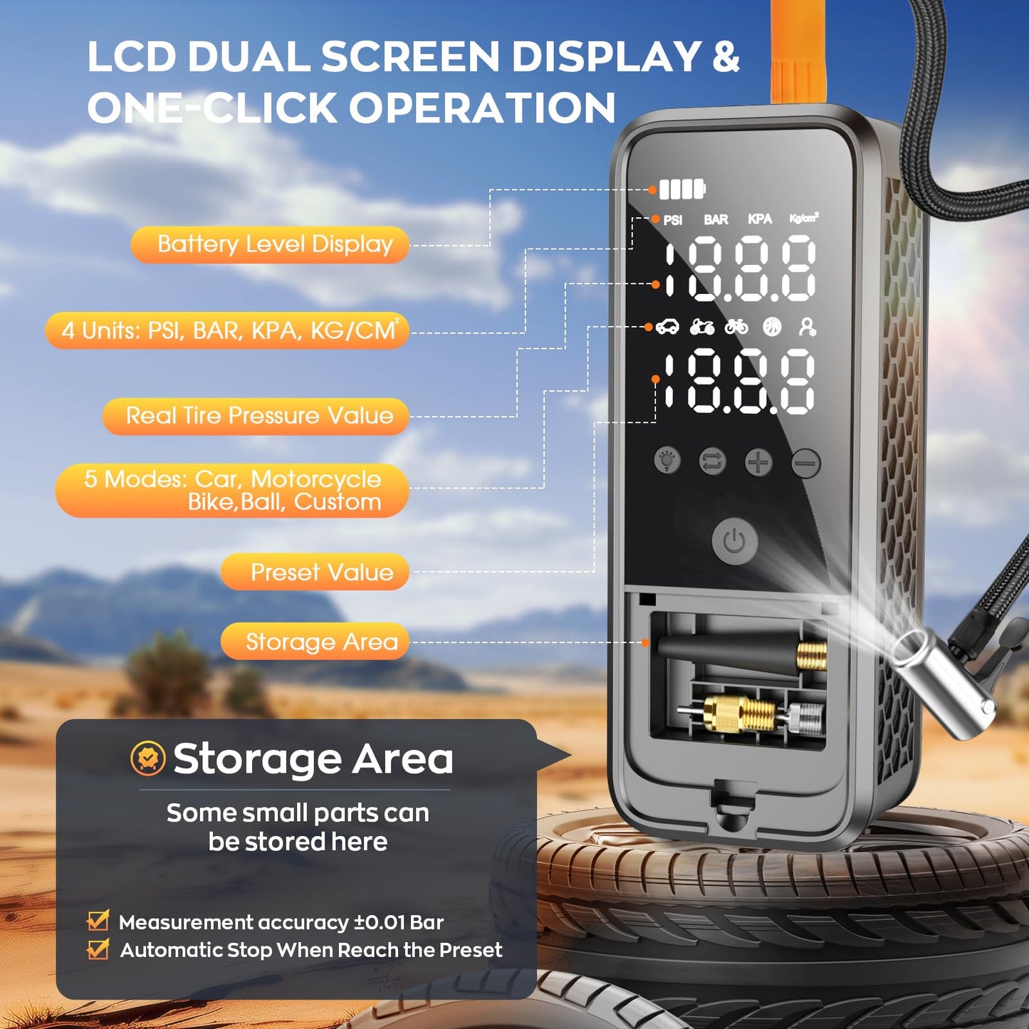 KZKB Tire Inflator Portable Air Compressor, 160 PSI Air Pump for Car Tires with Digital Pressure Gauge, Bike Tire Pump with LED Light Portable Tire Inflator for Car, Bike, Motorcycle, Ball