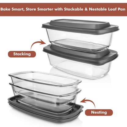 Razab LARGE 7.6 Cups/1800 ML/1.9 Qt Glass Loaf Pan with Lids (Set of 2) - Meatloaf Pan BPA free Airtight Lids Grip Handle Easy Carry, Microwave and Oven Safe - Loaf Pans For Baking Bread, Cakes