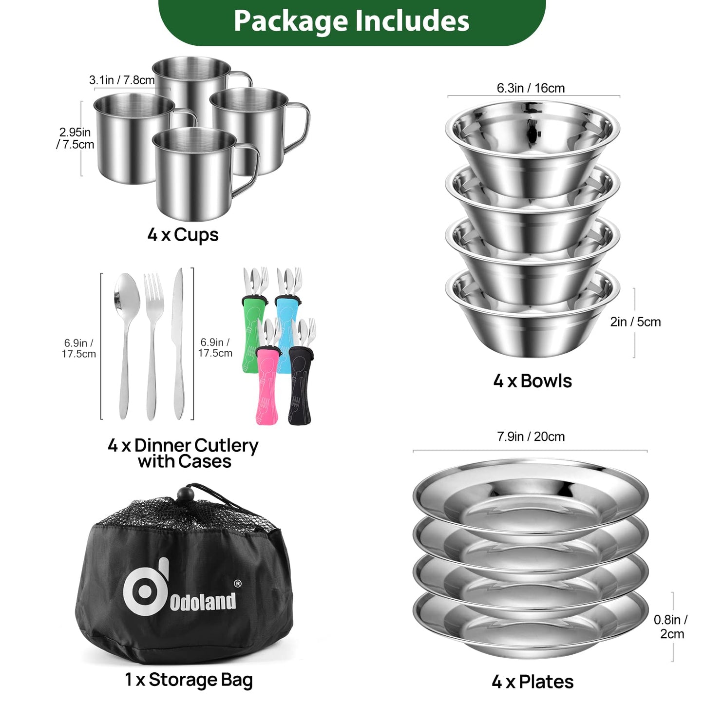 Odoland 29pcs Stainless Steel Utensils Camping Tableware Kit with Bowls Plates Cups Forks Spoons and Knives for 4, Cutlery Flatware Set for Backpacking, Outdoor Camping Hiking and Picnic