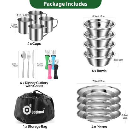 Odoland 29pcs Stainless Steel Utensils Camping Tableware Kit with Bowls Plates Cups Forks Spoons and Knives for 4, Cutlery Flatware Set for Backpacking, Outdoor Camping Hiking and Picnic