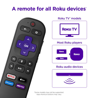 Roku Voice Remote | Replacement TV Remote Control with Voice Control, Simple Setup, & Pre-Set App Shortcuts - Compatible with Roku TV, Players, & Audio Devices