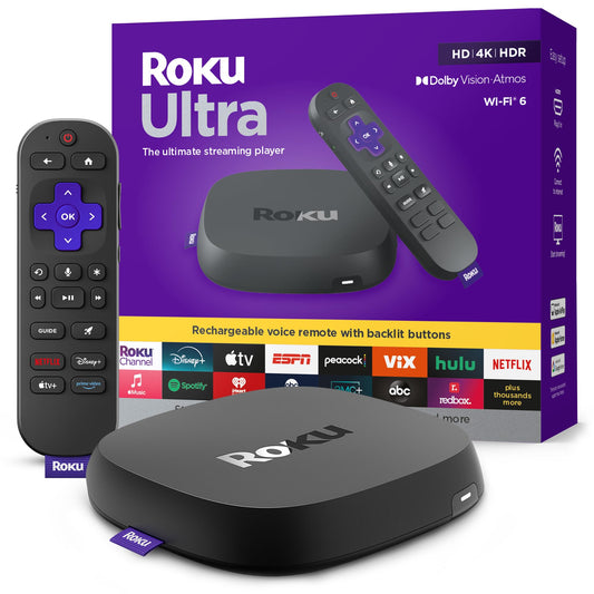 Roku Ultra - Ultimate Streaming Player - 4K Streaming Device for TV with HDR10+, Dolby Vision & Atmos - Bluetooth & Wi-Fi 6- Rechargeable Voice Remote Pro with Backlit Buttons - Free & Live TV