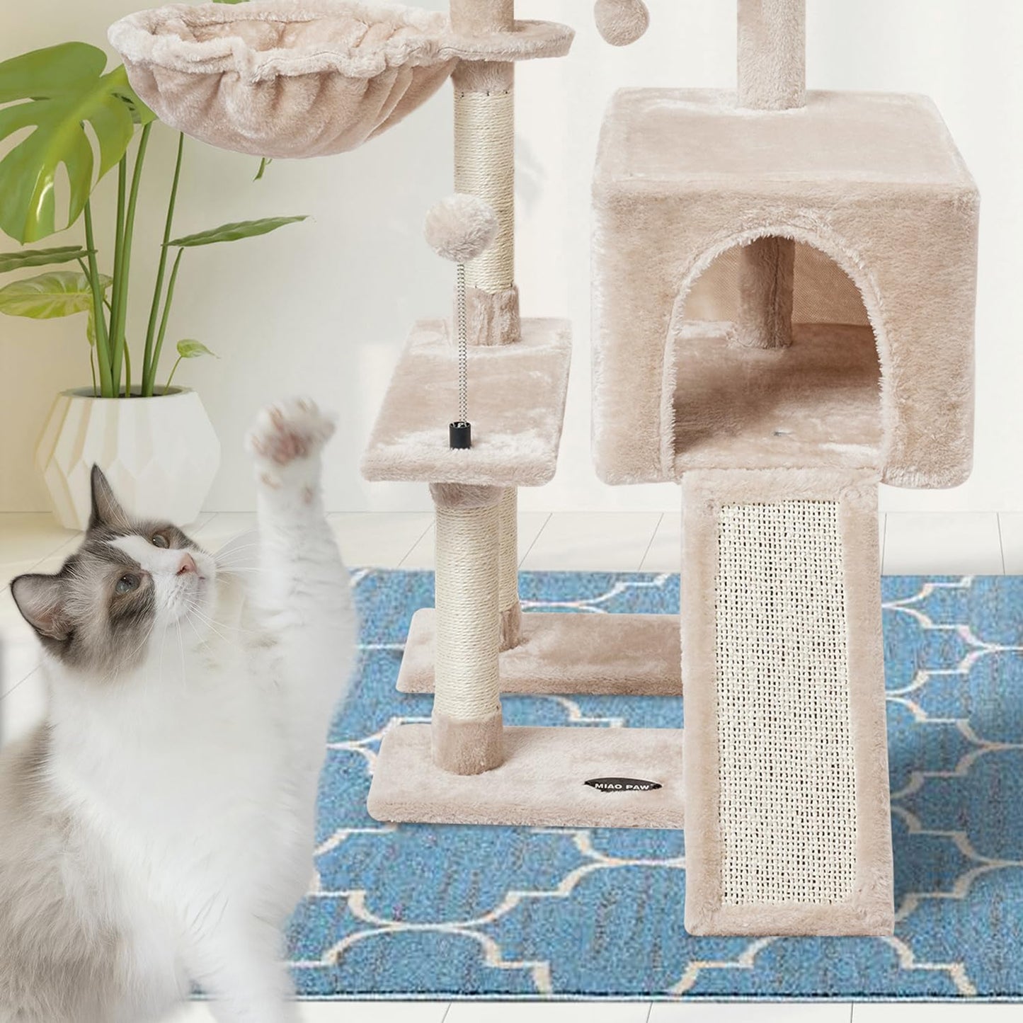 MIAO PAW Beige Cute Cat Tree Tower for Indoor Cats Condo with Sisal Scratching Posts Jump Platform Furniture Activity Center Play House Bed