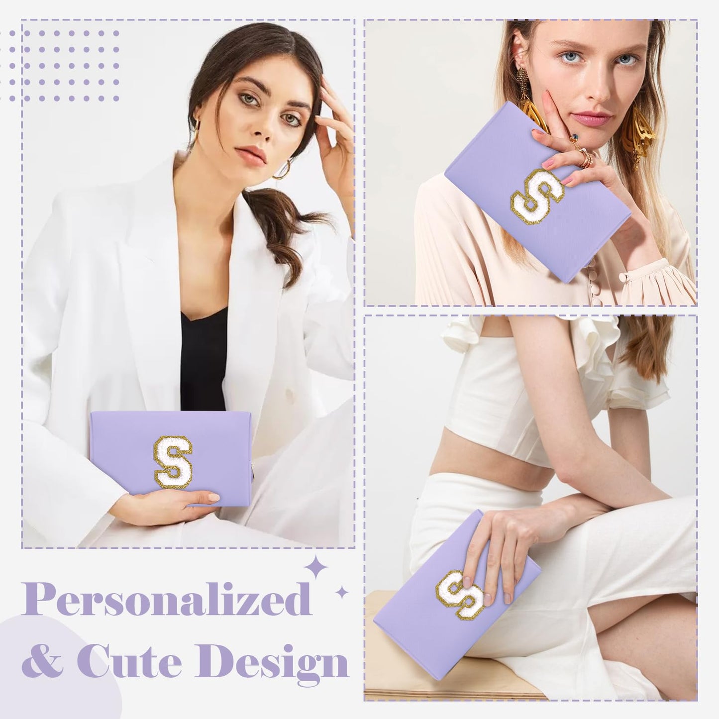 Personalized Makeup Bag Initial A-Z Preppy Patch Bag,Small PU Leather Travel Cosmetic Bag Pouch with Zipper,Purple Cute Toiletry Bag,Gift Ideal for Teen Girls Women Birthday Friend Mom,Latter S