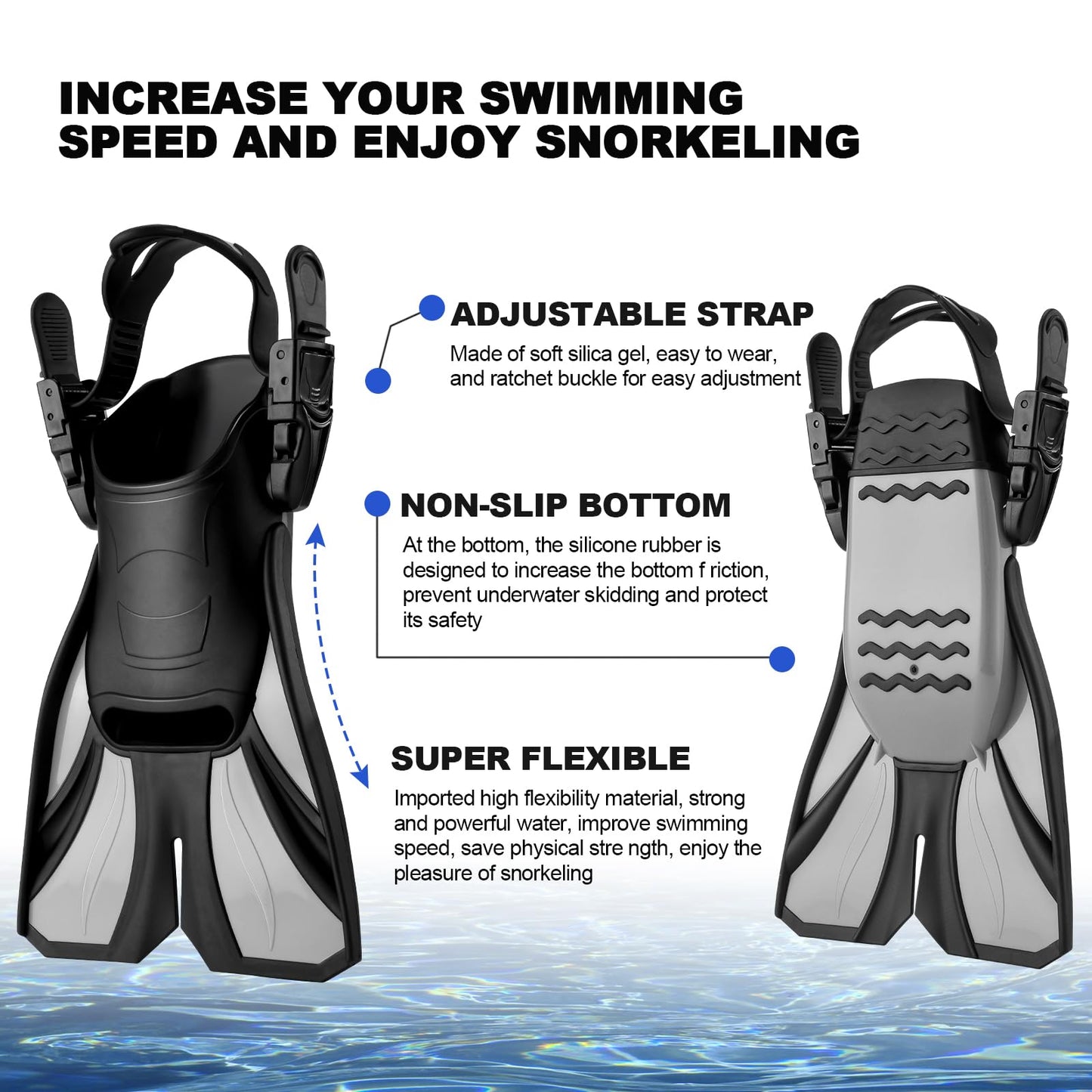 Odoland Snorkeling Packages, Full Face Snorkel Mask for Adults & Youth with Camera Mount, Adjustable Swim Fins, Anti-Fog Anti-Leak Diving Gear for Men Women Teens, Black, S/M