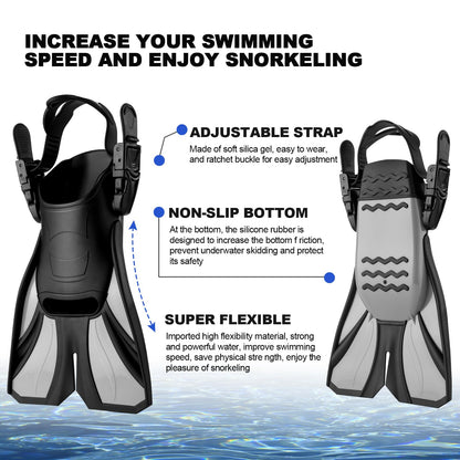 Odoland Snorkeling Packages, Full Face Snorkel Mask for Adults & Youth with Camera Mount, Adjustable Swim Fins, Anti-Fog Anti-Leak Diving Gear for Men Women Teens, Black, S/M