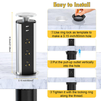 Kungfuking Pop Up Outlet Socket Recessed Retractable Power Strip Charging Station with 3 US Plug and 2 USB Ports for Kitchen Counter Island Conference Office, Black