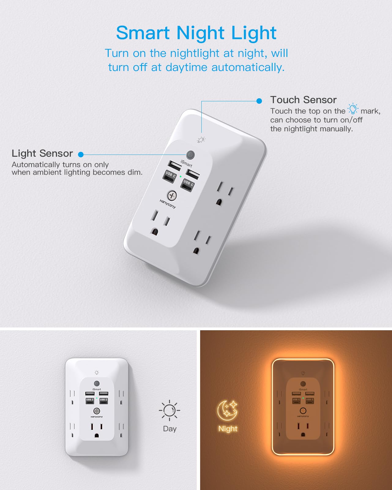 Multi Plug Outlet, HANYCONY Outlet Extender with 4 USB Ports (2 USB C) and Night Light, 1050J Surge Protector, Wall Mount, Outlet Splitter for Bathroom Kicthen Camper Dorm Room Essentials
