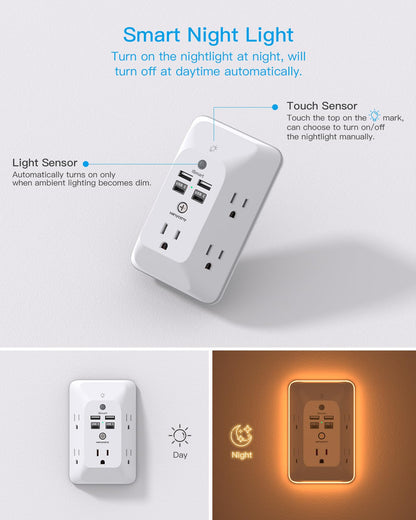 Multi Plug Outlet, HANYCONY Outlet Extender with 4 USB Ports (2 USB C) and Night Light, 1050J Surge Protector, Wall Mount, Outlet Splitter for Bathroom Kicthen Camper Dorm Room Essentials