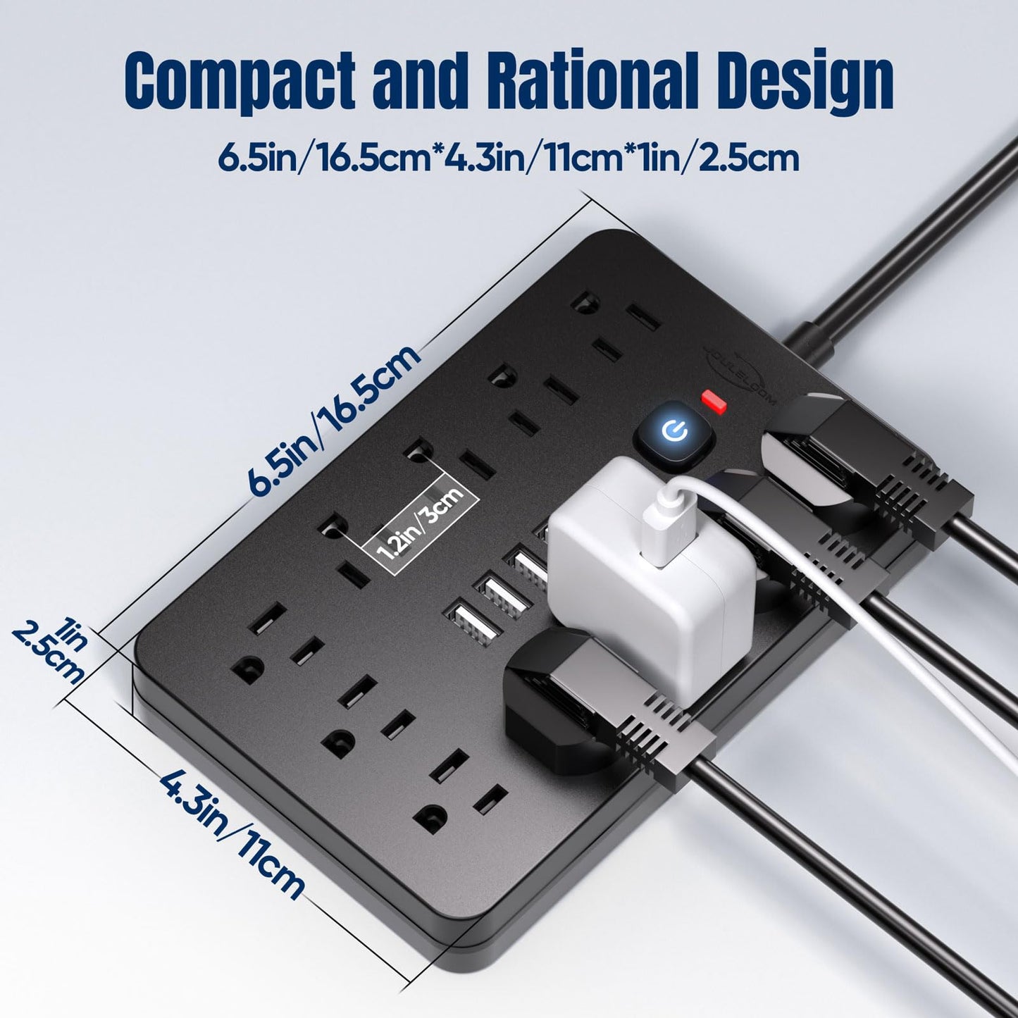 JouleLoom 6 FT Flat Plug Surge Protector Power Strip,11 Multiple AC Outlets with 6 USB Ports (2 USB C), 6 Feet Extension Cord, 1250W/10A, One Touch Switch Button, 17 in 1 Compact powerstrip