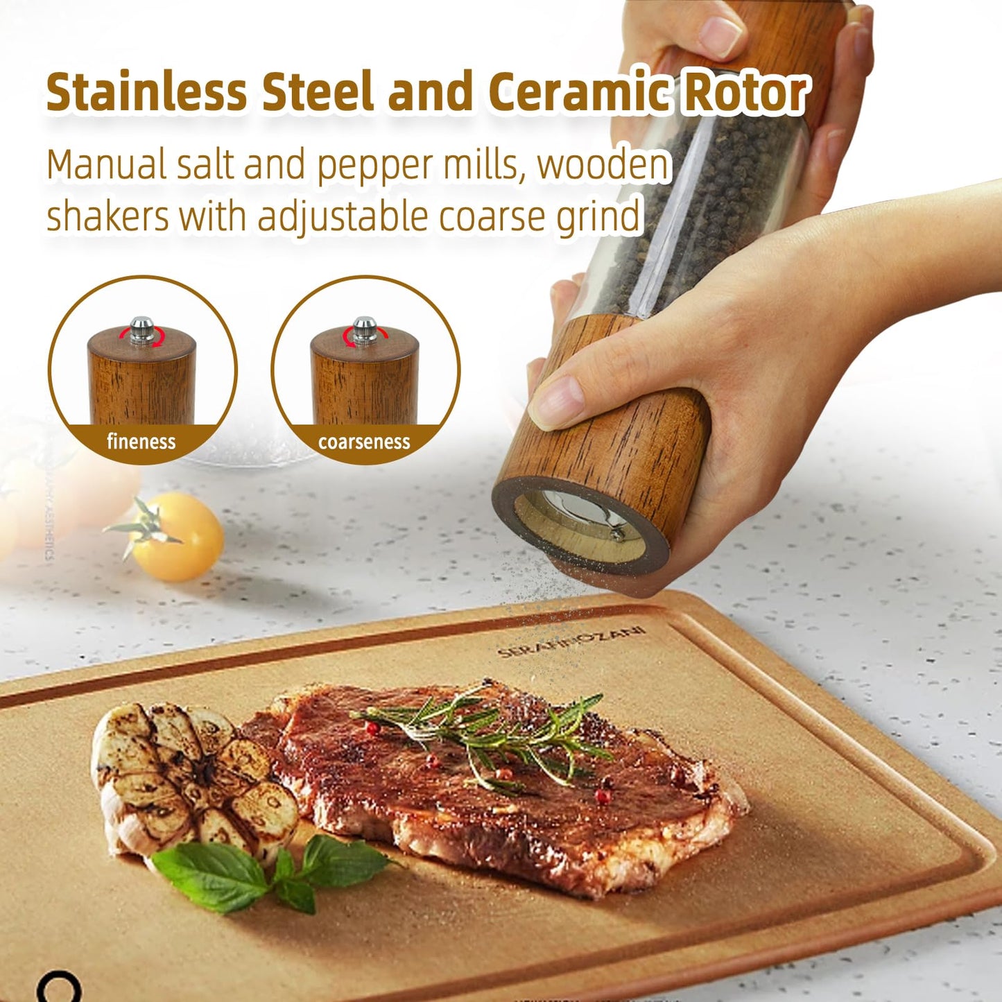 Premium Acrylic Salt and Pepper Grinder Set, Manual Salt and Pepper Mills- Wooden Shakers with Adjustable Ceramic Core-Salt Grinder and Pepper Mill -8 Inches-Pack of 2