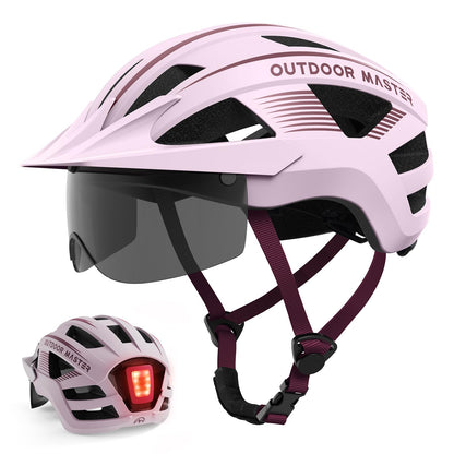 OutdoorMaster Helmets for Adults - Mountain & Road Bike Helmet with Rechargeable Safety Light, Detachable Goggles and Sun Visor - Easy to Adjust, Breathable, Lightweight - Large