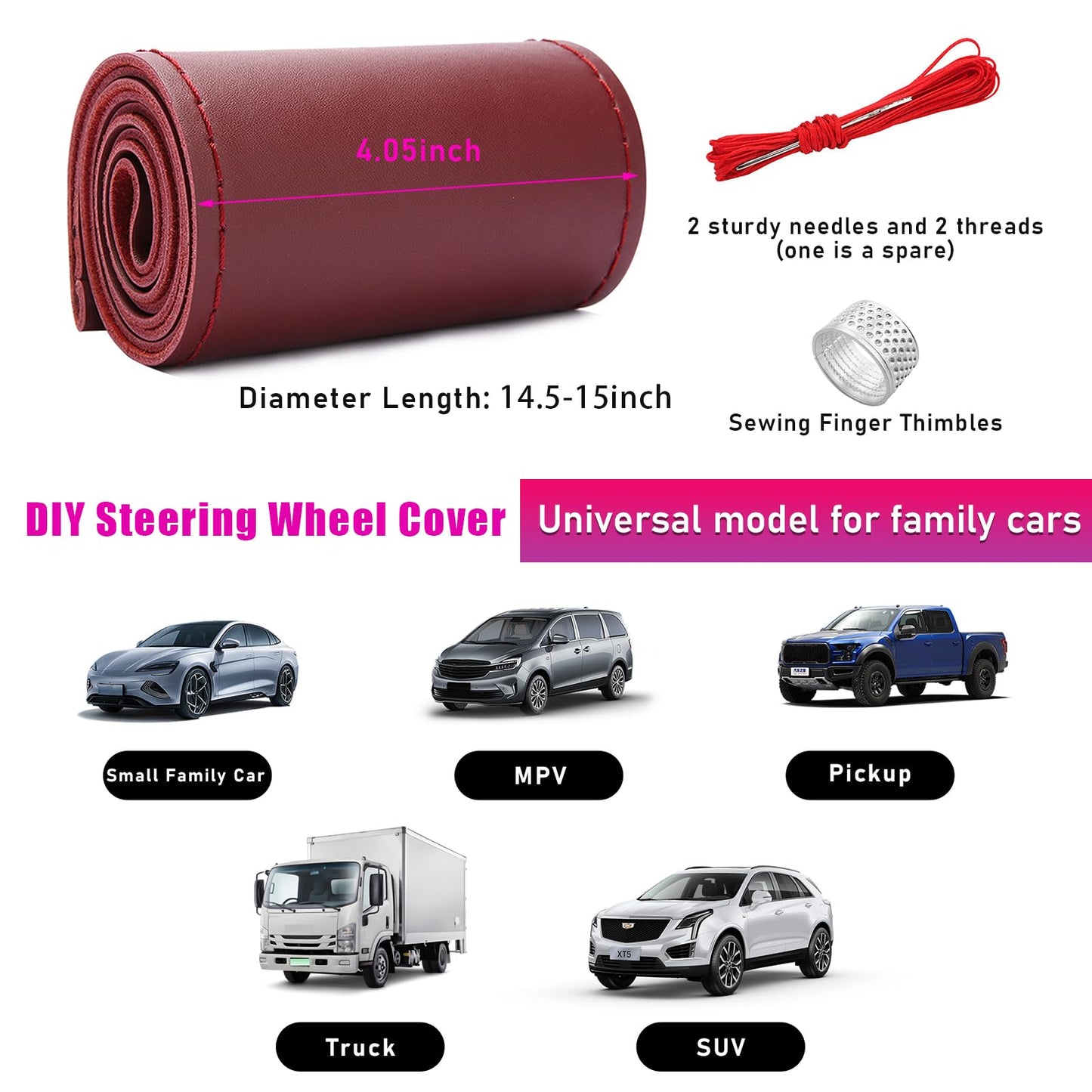 Ziciner Genuine Leather Steering Wheel Cover, Stitch on Wrap, Breathable Anti-Slip Car Steering Wheel Protector for Max Diameter 15 Inch, DIY Sewing with Needle Thread (Wine Red, Glossy)