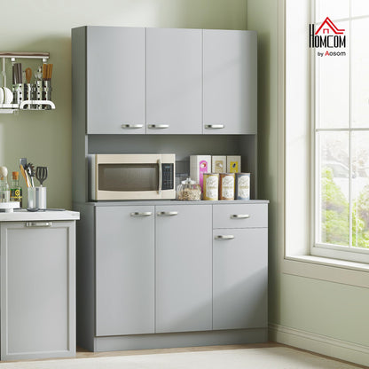 HOMCOM 71" Kitchen Pantry Cabinet, Tall Storage Cabinet with Microwave Stand, Modern Kitchen Hutch with Countertop, 6 Doors, Storage Drawer, 3 Adjustable Shelves for Living Room, Dining Room, Gray
