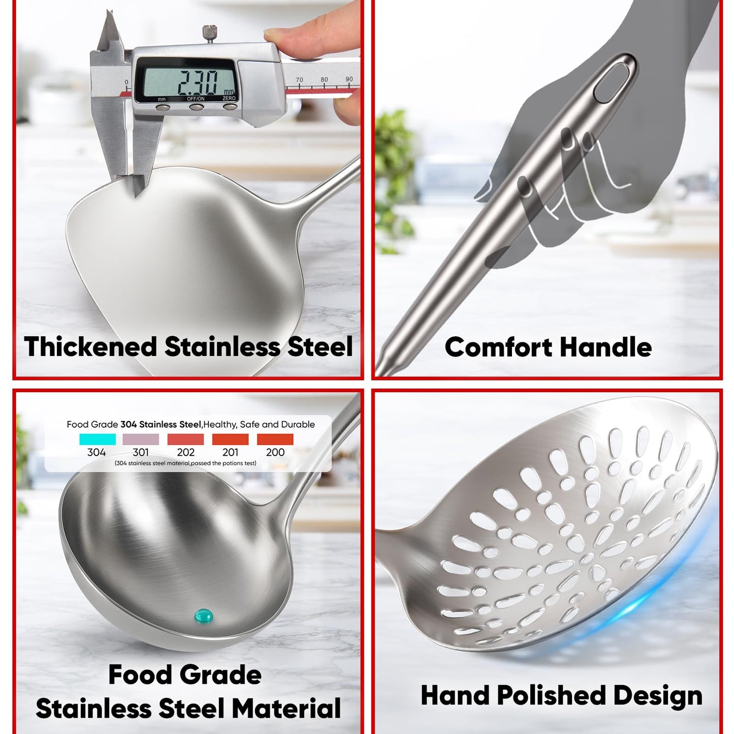 Newness 10 Pcs Cooking Utensils Set, 304 Stainless Steel Kitchen Utensils Set, Metal Kitchen Accessories, Include Soup Ladle, Slotted Skimmer Spoon, Spaghetti Spoon and Spatula, Tongs,Dishwasher Safe