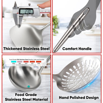 Newness 10 Pcs Cooking Utensils Set, 304 Stainless Steel Kitchen Utensils Set, Metal Kitchen Accessories, Include Soup Ladle, Slotted Skimmer Spoon, Spaghetti Spoon and Spatula, Tongs,Dishwasher Safe