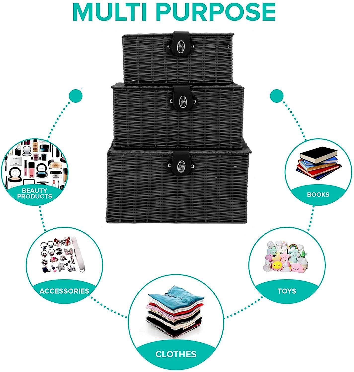 Homepeaz Set of 3 Woven Storage Basket Box Wicker Hamper Stackable Bin with Lid & Lock, Built-in Carry Handles, Organizer for Nursery, Baby Closet, Diaper, Toys, Home, Office, Laundry, DVD (Black)