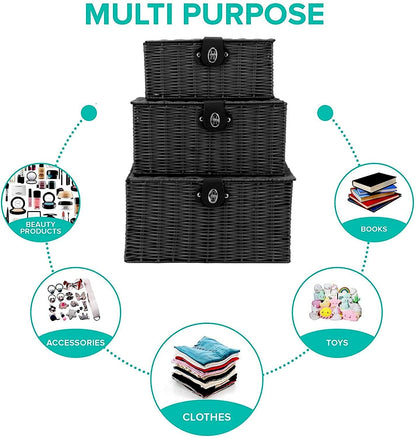 Homepeaz Set of 3 Woven Storage Basket Box Wicker Hamper Stackable Bin with Lid & Lock, Built-in Carry Handles, Organizer for Nursery, Baby Closet, Diaper, Toys, Home, Office, Laundry, DVD (Black)