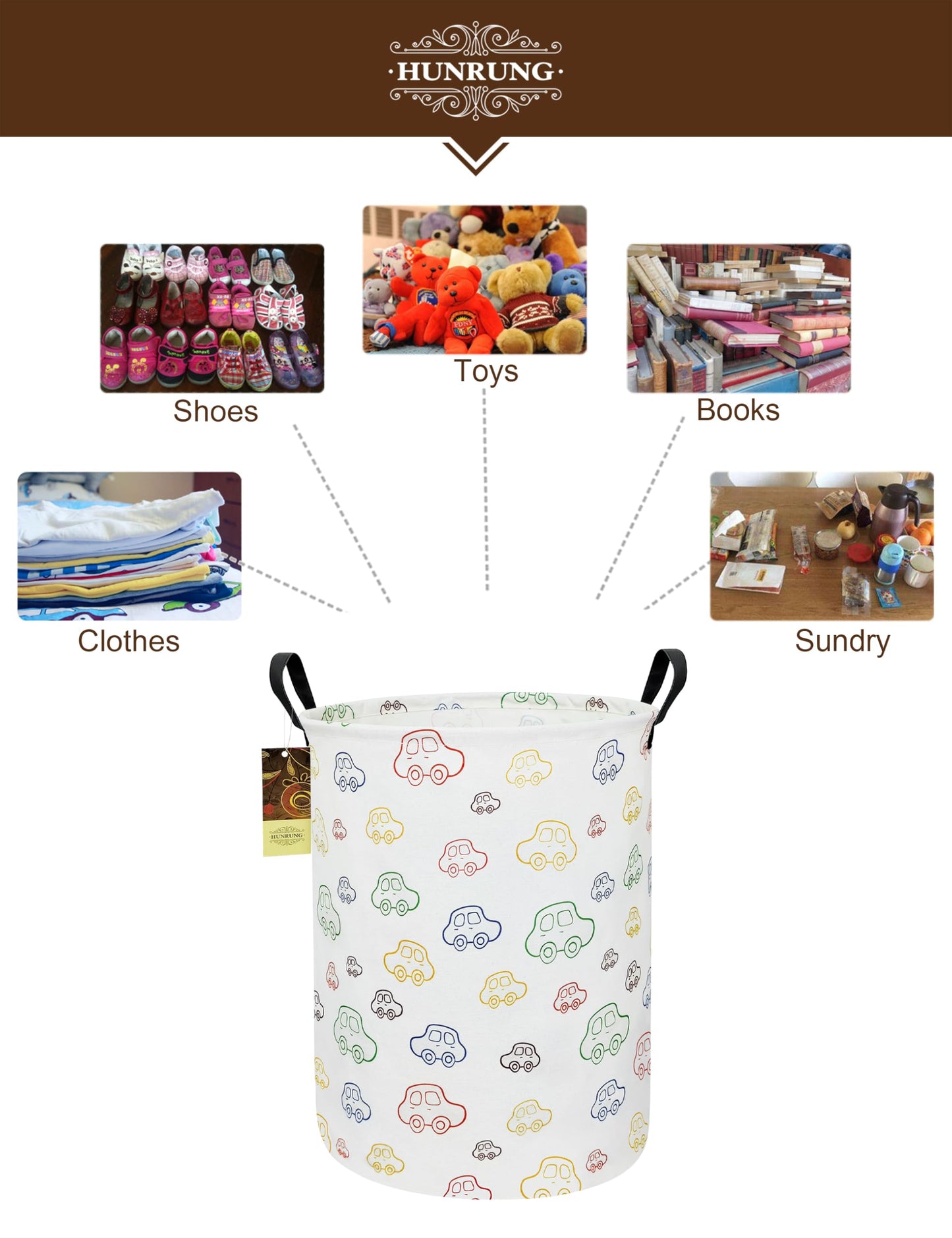 HUNRUNG Laundry Hamper,Large Canvas Fabric Lightweight Storage Basket Toy Organizer Dirty Clothes Collapsible Waterproof for College Dorms（Round-Car）